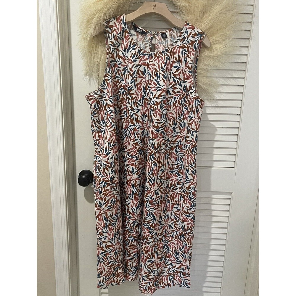 Lands' End Women Plus Maxi Sleeveless Linen Floral Dress Flare Bottom Round Neck